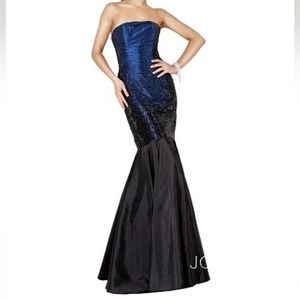 Jovani Beaded Strapless Black & Blue Beaded Gown Size 2